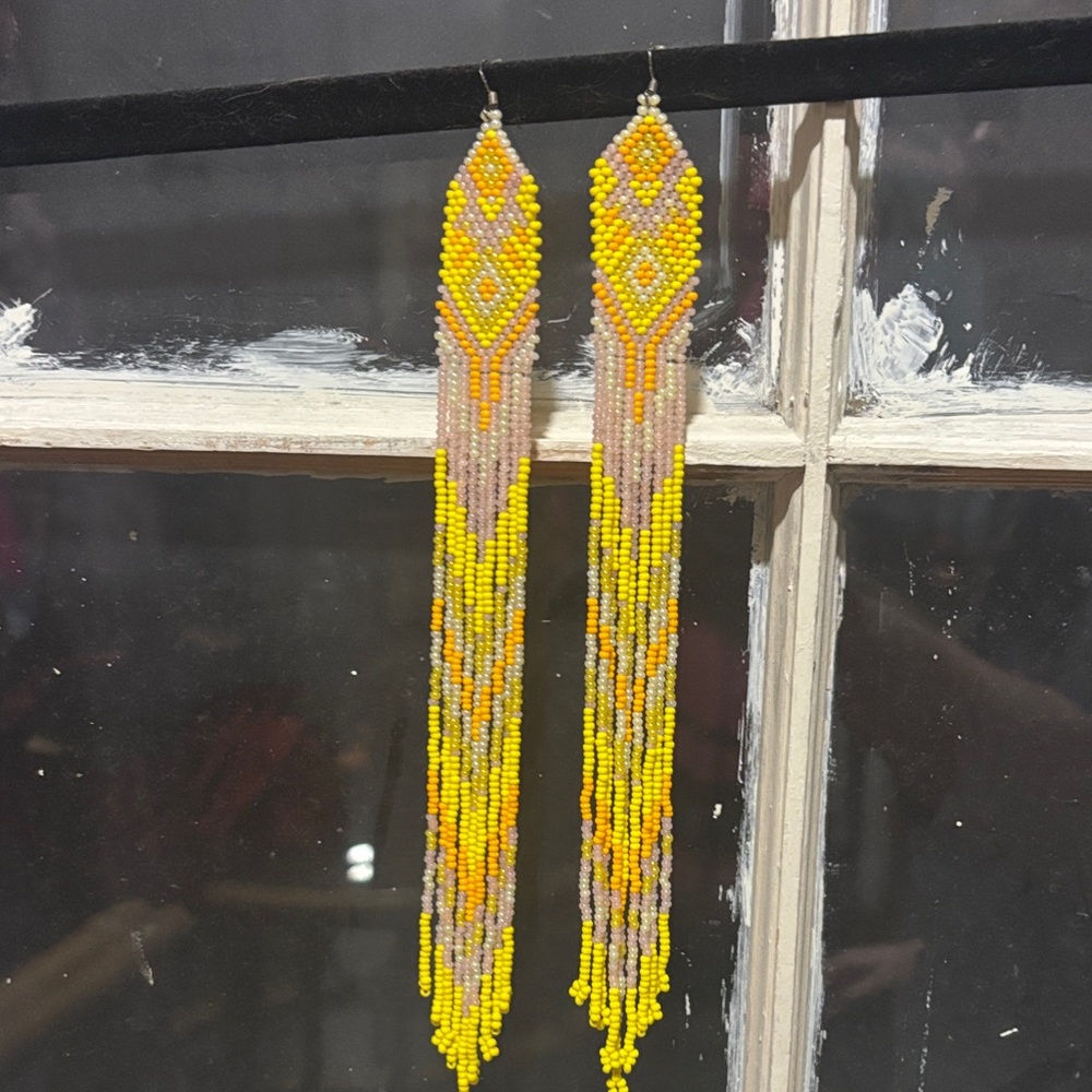 Yellow and Gray Beaded Earrings